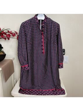 Lauren Ralph Long Sleeve Shirt Dress Navy Red White Geometric Print 18W